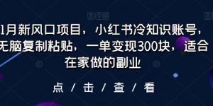 11月新风口项目，小红书冷知识账号，无脑复制粘贴，一单变现300块，适合在家做的副业