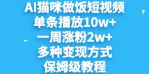 AI猫咪做饭短视频，单条播放10w+，一周涨分2w+，多种变现方式，保姆级教程