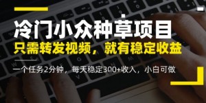 冷门小众种草项目，只需转发视频，每天就有稳定收益，无门槛，每天稳定3张+收入，小白可做