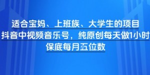 适合宝妈、上班族、大学生的项目，短视频视频音乐号，纯原创每天做1小时，月入1W