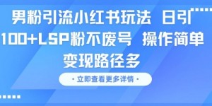 男粉引流小红书玩法，日引100+LSP粉不废号，操作简单，变现路径多