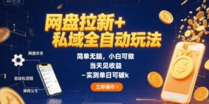 网盘拉新+私域全自动玩法，简单无脑，小白可做，当天见收益，实测单日可破k