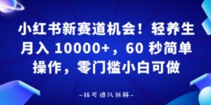 小红书新赛道机会，轻养生月入 1w，60 秒简单操作，带货接广都可以，零门槛小白可做