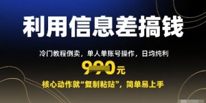 利用信息差搞钱：冷门教程倒卖，单人单账号操作，日均纯利多张，核心动作就“复制粘贴”，简单易上手