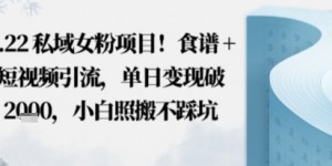 私域女粉项目！食谱+短视频引流，单日变现破多张，小白照搬不踩坑