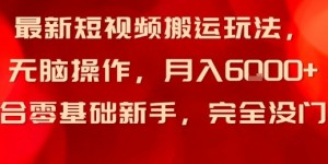最新短视频搬运玩法，无脑操作，月入6k+适合零基础新手，完全没门槛