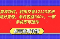首发项目，利用交管12123学法减分变现，单日收益300+，一部手机即可操作