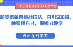 全新英语单词挑战玩法，日引500粉，多种变现方式，保姆式教学