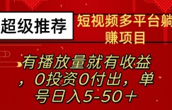 短视频多平台躺赚项目—有播放量就有收益，0投资0付出，单号日入5—50+