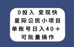 0投入，变现快，星际公民小项目，单账号一天收益40+，可批量操作