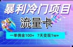 暴利冷门项目，流量卡，一单佣金100+，7天变现1w+