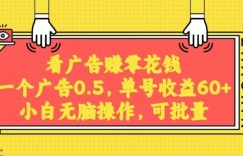 无脑看广告获取收益，一条广告0.5，日稳定60-100+，可批量放大，超级稳定