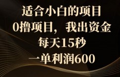 适合小白的项目，0撸项目，我出资金，每天15秒，一单利润600