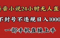 抖音小说无人直播日入1000+，不封号不违规，24小时无人直播，一部手机直接上手，保姆式教学