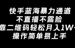 快手蓝海暴力通道，不直播不露脸，靠二维码轻松月入1W+，操作简单易上手