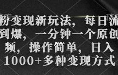 色粉变现新玩法，每日流量大到爆，一分钟一个原创视频，操作简单，日入1000+多种变现方式