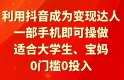 利用抖音成为变现达人，0门槛0投入，一部手机即可操作，适合大学生、宝妈