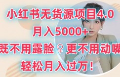 小红书无货源项目4.0.月入5000+，既不用露脸，更不用动嘴，轻松月入过万