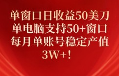 单窗口日收益50美刀，单电脑支持50+窗口，每月单账号稳定产值3W+!