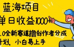 蓝海项目单日收益1000+，2.0全新赛道撸创作者分成计划，小白易上手