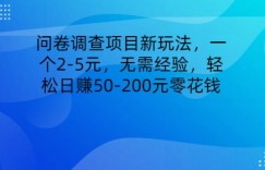 问卷调查项目新玩法，一个2-5元，无需经验，轻松日赚50-200元零花钱