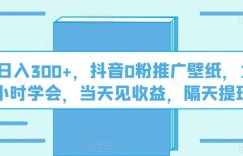 日入300+，抖音0粉推广壁纸，1小时学会，当天见收益，隔天提现