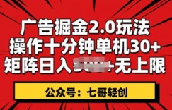 广告掘金2.0玩法，操作十分钟单机30+，矩阵日入无上限!