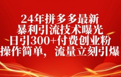 24年拼多多最新暴利引流技术曝光，日引300+付费创业粉，操作简单，流量立刻引爆