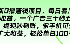 最新0撸赚钱项目，每日看广告得收益，一个广告三十秒五毛钱，多手机可多开扩大收益