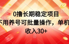 0撸长期稳定项目，不用养号可批量操作，单机日收入30