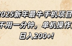 2025新年最牛手机项目，不用一分钟，单机操作，日入200+