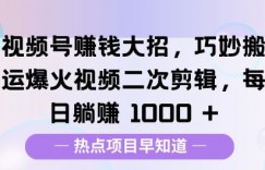 视频号挣钱大招，巧妙搬运爆火视频二次剪辑，每日躺挣多张