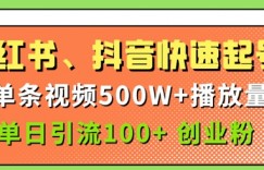 小红书、抖音、快手快速起号，单条视频500w播放量，单日引流100+创业粉
