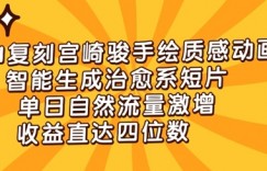 AI复刻宫崎骏手绘质感动画，智能生成治愈系短片，单日自然流量激增，收益直达四位数