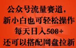 公众号流量赛道，新人小白也可轻松上手操作，每天日入100+，还可以搭配网盘拉新