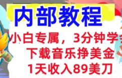 下载音乐挣美金，小白专属  1天收入89刀，3分钟学会， 内部教程