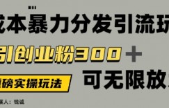 价值5980的0成本暴力引流玩法，日引创业粉300+，可无限放大