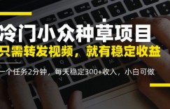 冷门小众种草项目，只需转发视频，每天就有稳定收益，无门槛，每天稳定3张+收入，小白可做