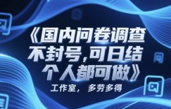 国内问卷调查，不封号，可日结，多劳多得，工作室，个人都可做