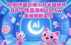AI制作最近爆火月半猫视频，88个作品涨粉15.3w，一条视频教会你
