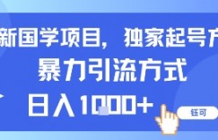 最新国学项目，独家起号方法，暴力引流方式，日入1k
