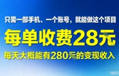 只需一部手机一个账号，就能做这个项目——每单收费28米，每天大概能有280的变现收入