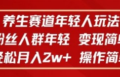 养生赛道年轻人玩法，粉丝人群年轻，变现简单，轻松月入2w+，操作简单