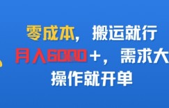 零成本，搬运就行，月入6k+，需求大，操作就开单