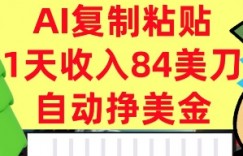 AI复制粘贴，自动挣美金，1天收入84美刀，3分钟学会，最新项目