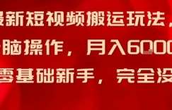 最新短视频搬运玩法，无脑操作，月入6k+适合零基础新手，完全没门槛