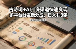 古诗词+AI，多渠道快速变现，多平台分发撸分成，日入1-3张