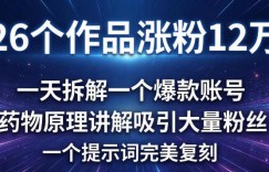 26个作品涨粉12w，一天拆解一个爆款账号，药物原理讲解吸引大量粉丝，一个提示词完美复刻